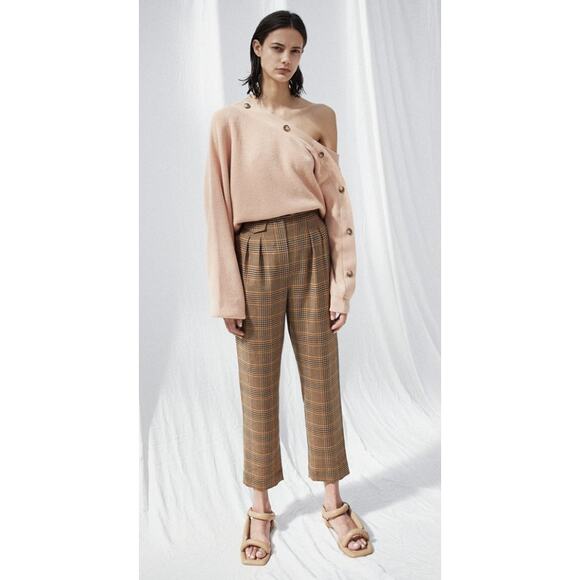 Nanushka Mitsu Pleat Front‎ Straight Cropped pants Check Plaid Brown Women's M - Picture 1 of 8